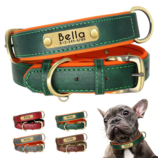 Customized Leather ID Nameplate Dog Collar Soft Padded Dogs Collars Free Engraving Name for Small Medium Large Dogs Adjustable